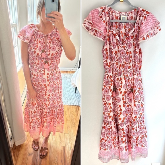 BELL by Alicia Bell Flutter Sleeve Midi Dress in Pink Orange Block, Small - Picture 1 of 8